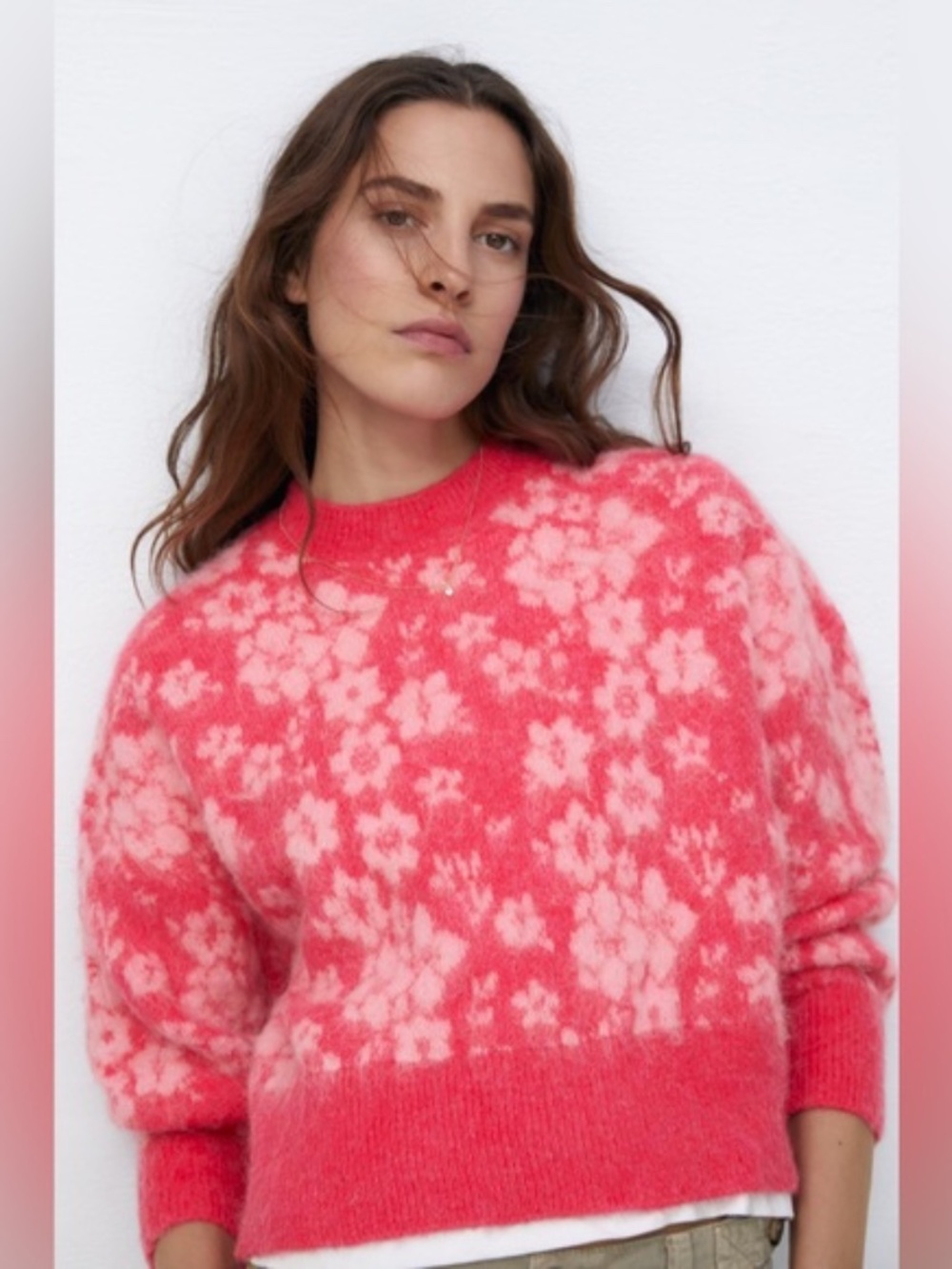 Zara Pink Jacquard Floral sweater